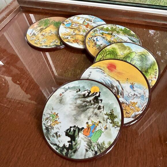 Set of 6 Vintage Korean Art Coasters – Yeon See Hee Folk Scene Series - Picture 9 of 10